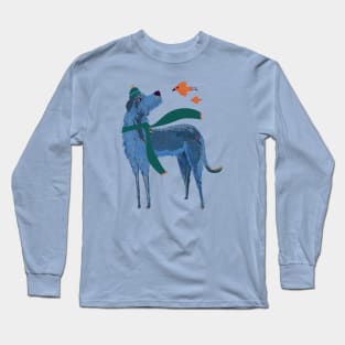 Irish Wolfhound in Winter Hat and Scarf with Bird friends Long Sleeve T-Shirt